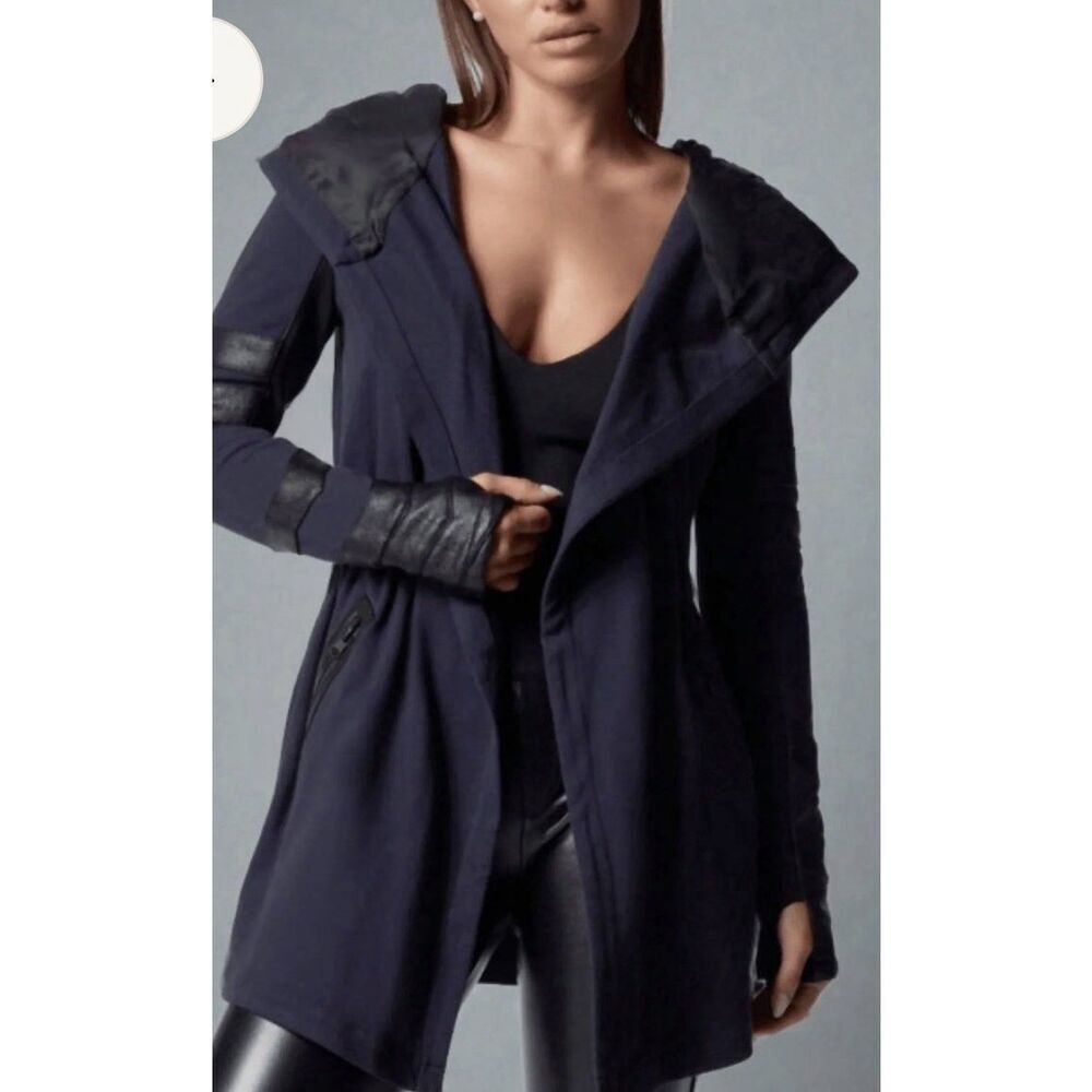 Blanc Noir Traveler Black Leather Trim, Hip Length, LG**not blue just for pic**